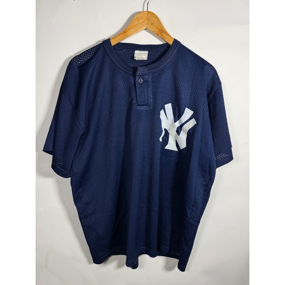 Vintage New York Yankees Mesh Jersey Navy Blue Henley Shirt XL Number 28 MLB